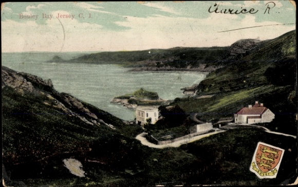Ak Bouley Bay Kanalinsel Jersey, Küstenlandschaft, Meer, Hügel, Häuser, Wappen