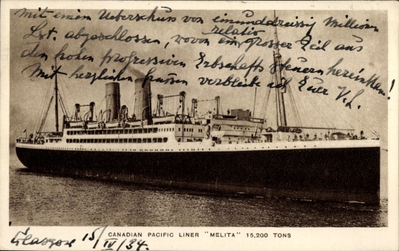 Ak Liner Melita, stoomschip op zee, Canadian Pacific Ships, CPS