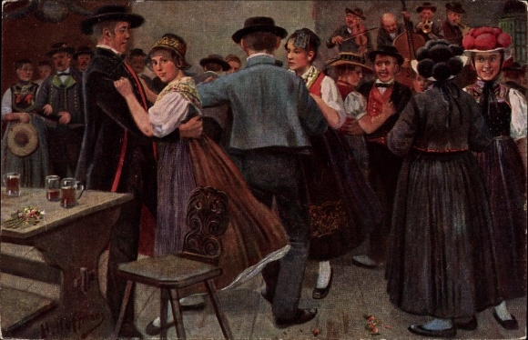 Kunstenaarskaart Hoffmann, H., kerkwijding in het Kinzigtal, paren in Zwarte Woud-kostuums, dans, muzikanten