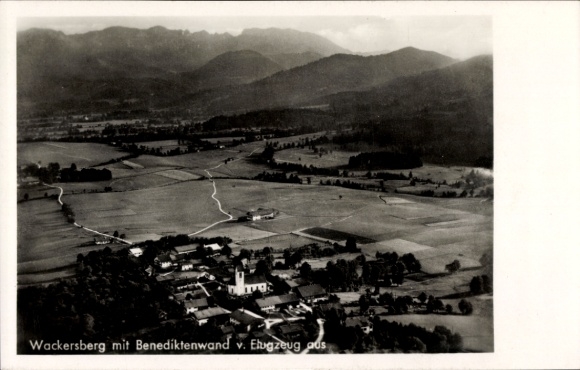 Postcard Wackersberg in Upper Bavaria, aerial view of Benediktenwand in the background