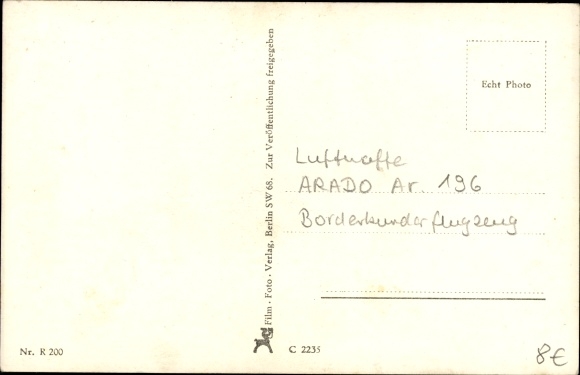 Postcard Borderkunden Arado Ar 196, seaplane, military aircraft in flight formation, Luftwaffe