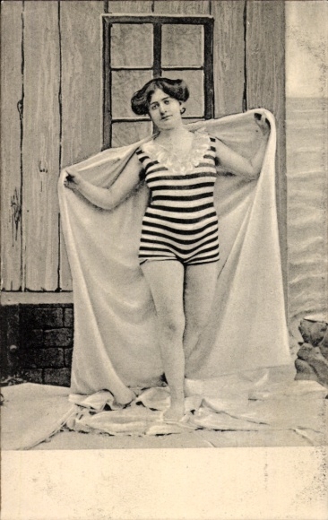 Postcard beach, woman in swimsuit, swimwear