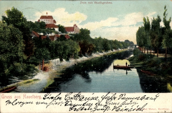 Postcard Havelberg in Saxony Anhalt, cathedral with city moat