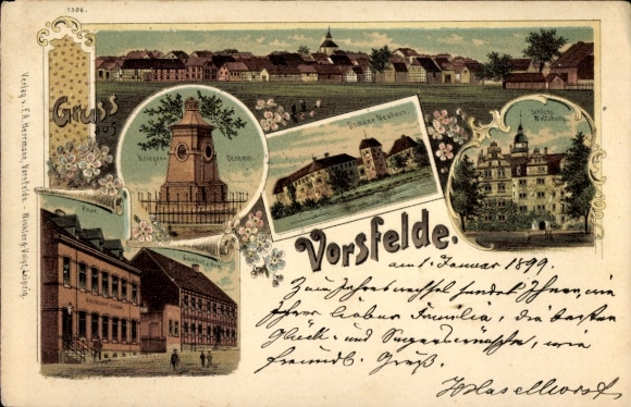 Chromo-Litho Vorsfelde Wolfsburg in Lower Saxony, war memorial, Neuhaus estate, post office, castle