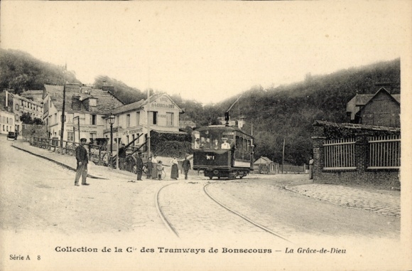 Ak Bonsecours Seine Maritime, Straßenbahn, La Grace-de-Dieu