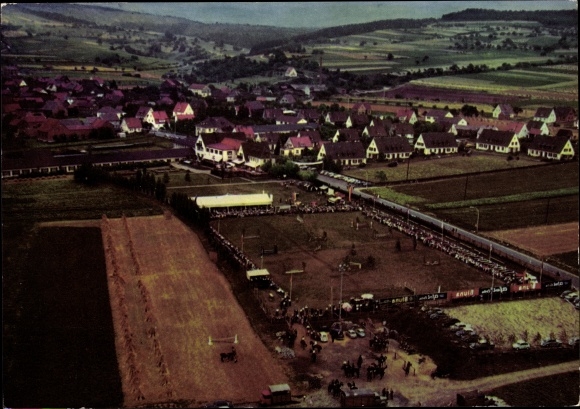 Postcard Elfershausen in Lower Franconia, guest house Ullrich, sports area, aerial photo