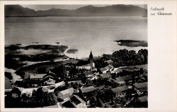 Postcard Seebruck am Chiemsee Upper Bavaria, landscape photo, church, houses, lake, mountain scenery