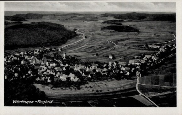 Postcard Würtingen St. Johann Swabian Alb Württemberg, aerial view, many houses, fields, forests,
