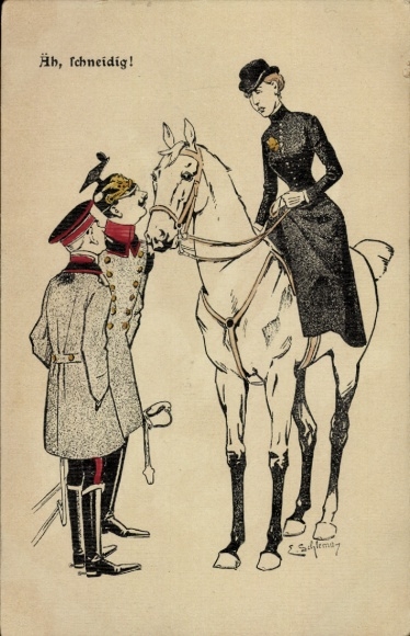 Künstler Ak Schlemo, E., Äh, Schneidig, Offiziere bewundern eine Dame zu Pferd