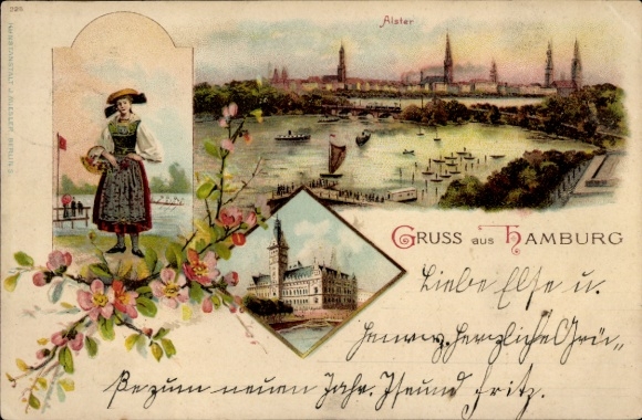 Chromo-Litho Hamburg Mitte Old Town, woman in traditional costume, town hall, Alsterpartie