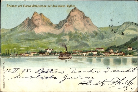 Chromo-Litho fountain Kt Schwyz, place, Lake Lucerne, myths, mountain faces