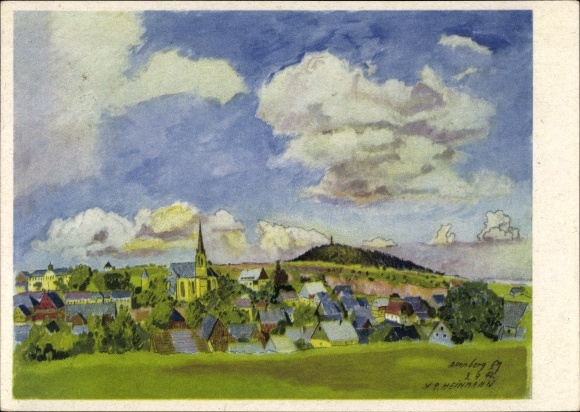 Kunstenaarskaart Heinmann, Ertsgebergte Altenberg, 500 jaar Zinnstadt, afstandsschot, kerk, plaats