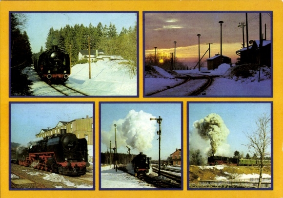 Postcard Vogtlandrundfahrt, traditional locomotive 50 849 of the DR, Thoßfell, Zwotental, Muldenberg, Schöneck
