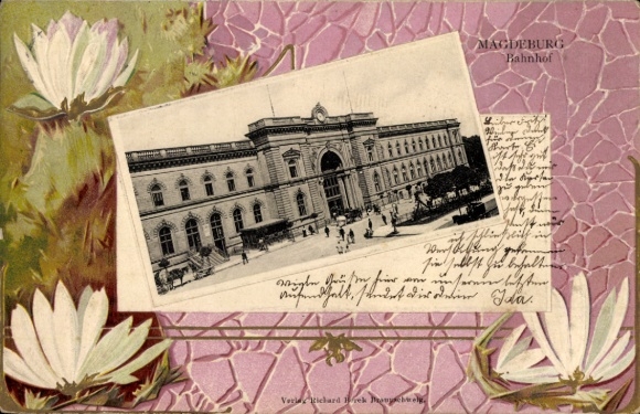 Präge Passepartout Ak Magdeburg an der Elbe, Bahnhof, Vorplatz