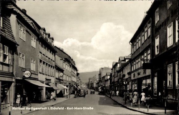 Postcard Heilbad Heiligenstadt Eichsfeld Thuringia, Karl Marx Street, shops