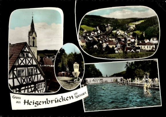Postcard Heigenbrücken in Spessart Lower Franconia, general view, swimming pool