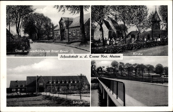Ak Schwabstedt aan de Treene Noord-Friesland, herberg, bedrijfsgebouw Ernst Reese, kerk, school