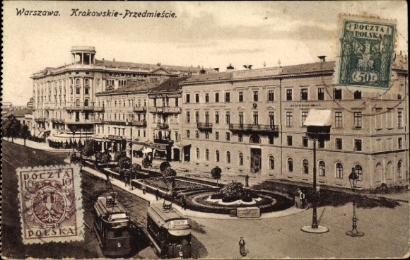 Postcard Warszawa Warsaw Poland, Krakowskie Przedmieście, Krakow Suburb, Trams