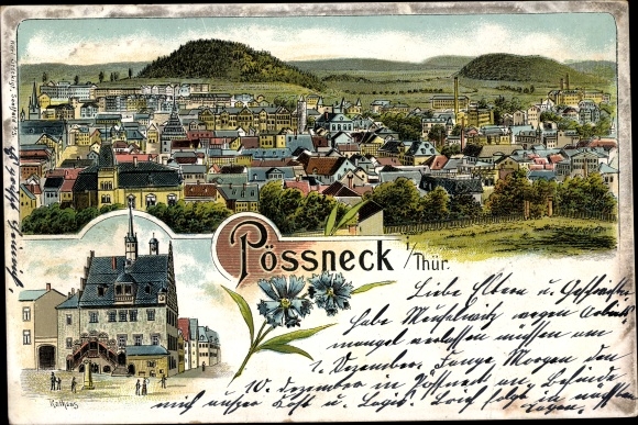 Litho Pößneck in Thüringen, Blick auf den Ort, Rathaus