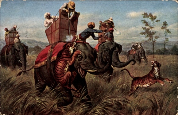 Artist Postcard Tiger hunting, hunter on elephants, elephant guide