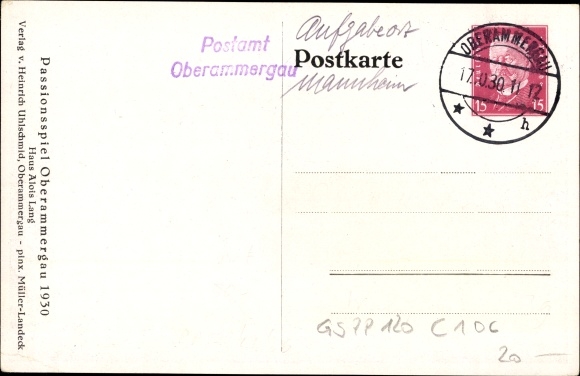 Postwaardekaart Oberammergau, Passiespel 1930, Huis Alois Lang, PP 120 C 106