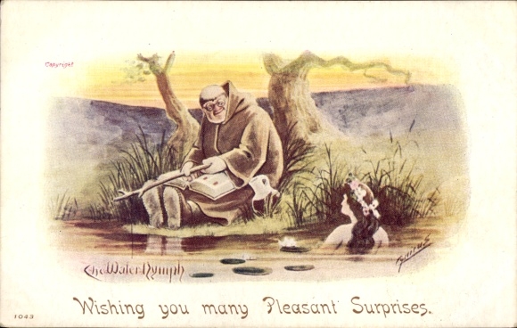 Postcard Ort Kochel am See Upper Bavaria, monk sits with a book on the lakeshore, a mermaid looks out of the water...