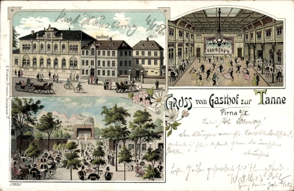 Litho Pirna an der Elbe, Gasthof zur Tanne, Saal, Garten