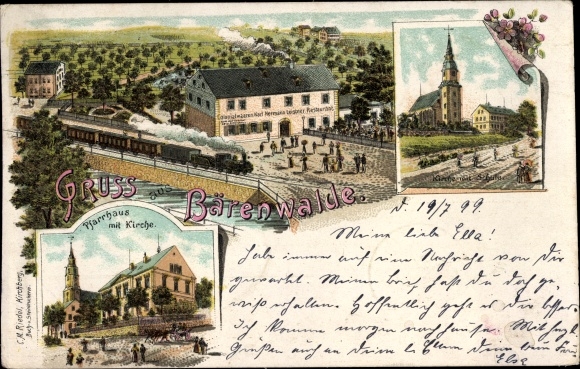 Chromo-Litho Bärenwalde Crinitzberg in Saxony, church, school, vicarage, inn, commercial building