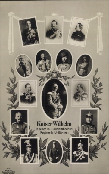 Ansichtkaart Kaiser Wilhelm II, portretten, binnen- en buitenlandse regimentsuniformen, Liersch 4219