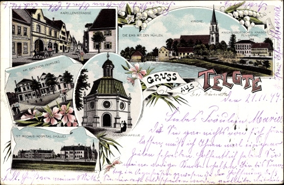 litho Telgte in Westfalen, kerk, jongensinternaat, Kapellenstrasse, ziekenhuis
