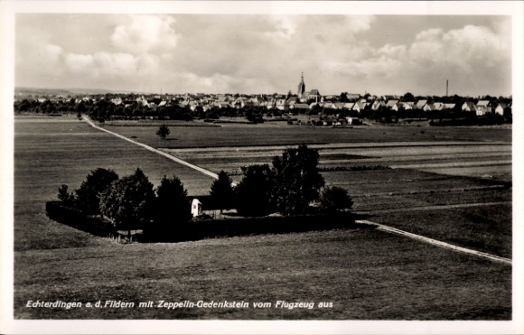 Postcard Leinfelden Echterdingen on the Fildern, landscape photo, Zeppelin memorial stone, aircraft