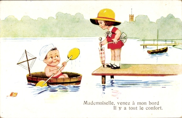 Artist Postcard Wills, John, Washtub as Boat, Boy, Girl on Pier