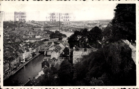 Postcard Namur Wallonia, city view, river, trees, brick houses, citadel