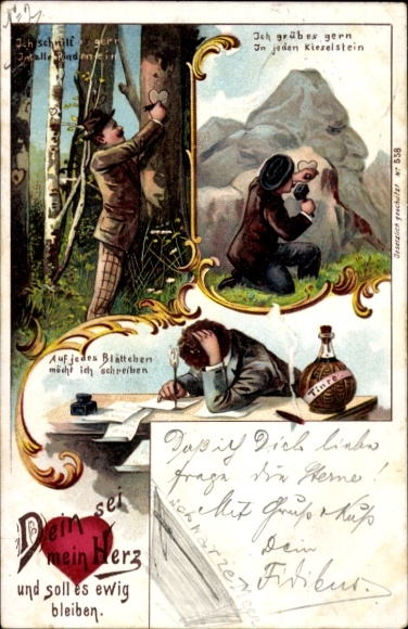 Chromo-Litho Yours be my heart and shall it remain forever, mountain face, heart in the tree bark