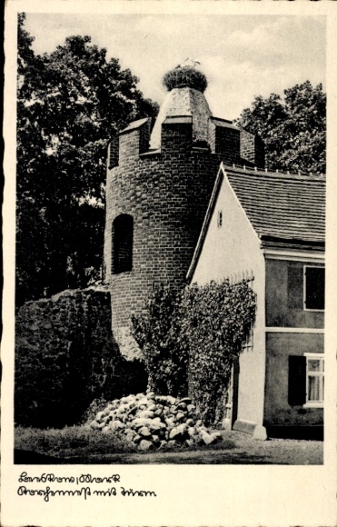 Ak Beeskow/Mark, Storchennest mit Turm