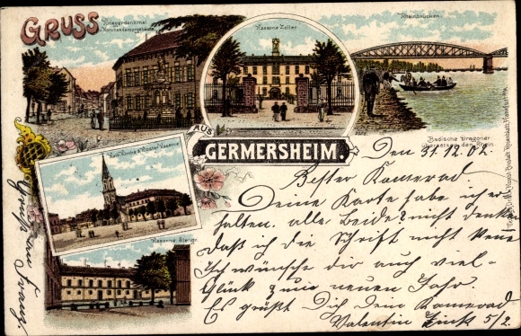 Chromo-Litho Germersheim am Rhein, war memorial, Zoller barracks, Rhine bridges, monastery barracks