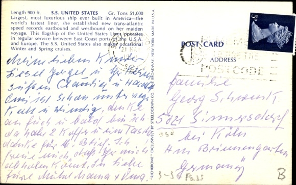 Postcard passenger steamer SS United States, United States Lines, USL