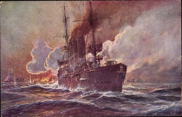 Artist Postcard Stöwer, Willy, SMS Emden bombards Madras, cruiser, Imperial Navy, I. WK