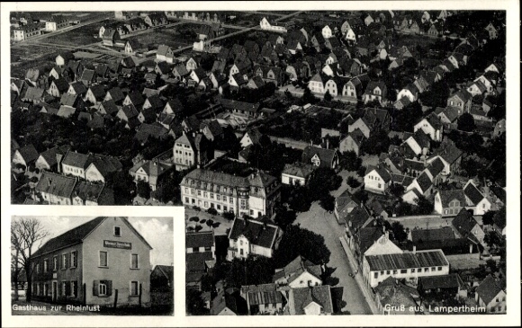 Postcard Lampertheim am Rhein Hessen, aerial photograph with residential buildings, Gasthaus zur Rheinlust, black and white