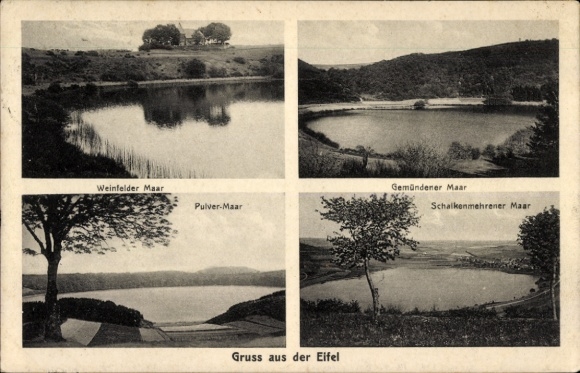 Postcard Schalkenmehren in the Eifel, Weinfelder Maar, Gemündener Maar, Pulvermaar, Schalkenmehrener Maar