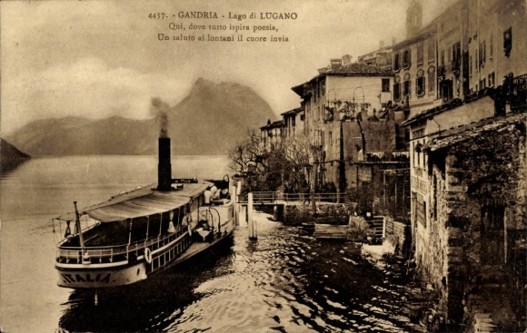 KP Gandria Lago di Lugano Ticino Szwajcaria, domy na wodzie, parowiec