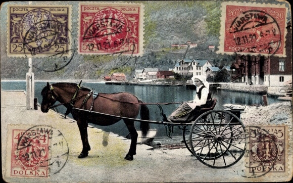 Postcard Woman on a horse-drawn cart by the water
