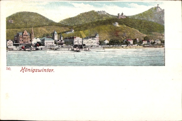 Ak Königswinter im Rhein Sieg Kreis, Panorama von der Ortschaft, Berge und Fluss