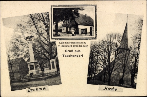 Postcard Teschendorf in der Mark, war memorial, church, groceries Bernhard Brandenburg