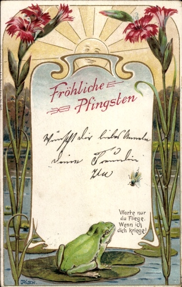 Artist Chromo-Litho Koch, Congratulations Pentecost, frog, fly, flowers