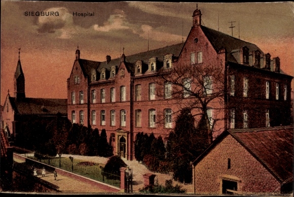 Postcard Siegburg an der Sieg, hospital, building with garden, trees, evening atmosphere