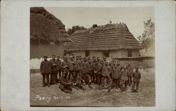Photo Postcard Psary Galicia Ukraine, German soldiers in uniforms, stork, I WW