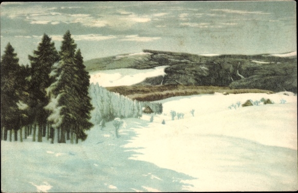 Artist Postcard Iwan, Friedrich, Malá Úpa Kleinaupa Riesengebirge reg. Königsgrätz, winter landscape