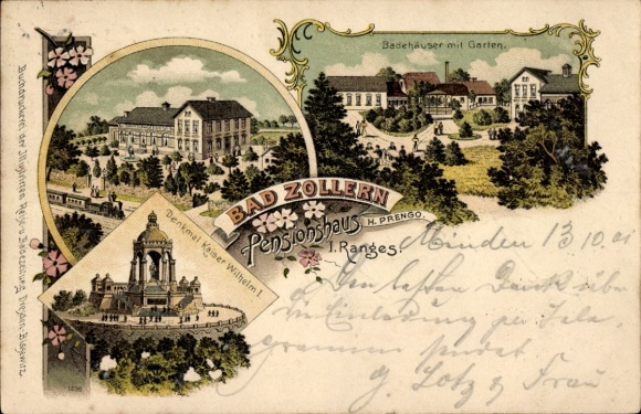 Litho Minden in Ostwestfalen Lippe, Bad Zollern, Pensionshaus H. Prengo, Kaiser Wilhelm I. Denkmal
