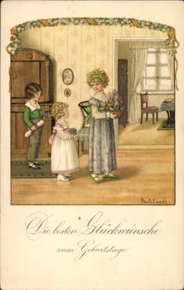 Kunstenaar Ak Ebner, P., weldoeners met geschenken, boeket bloemen